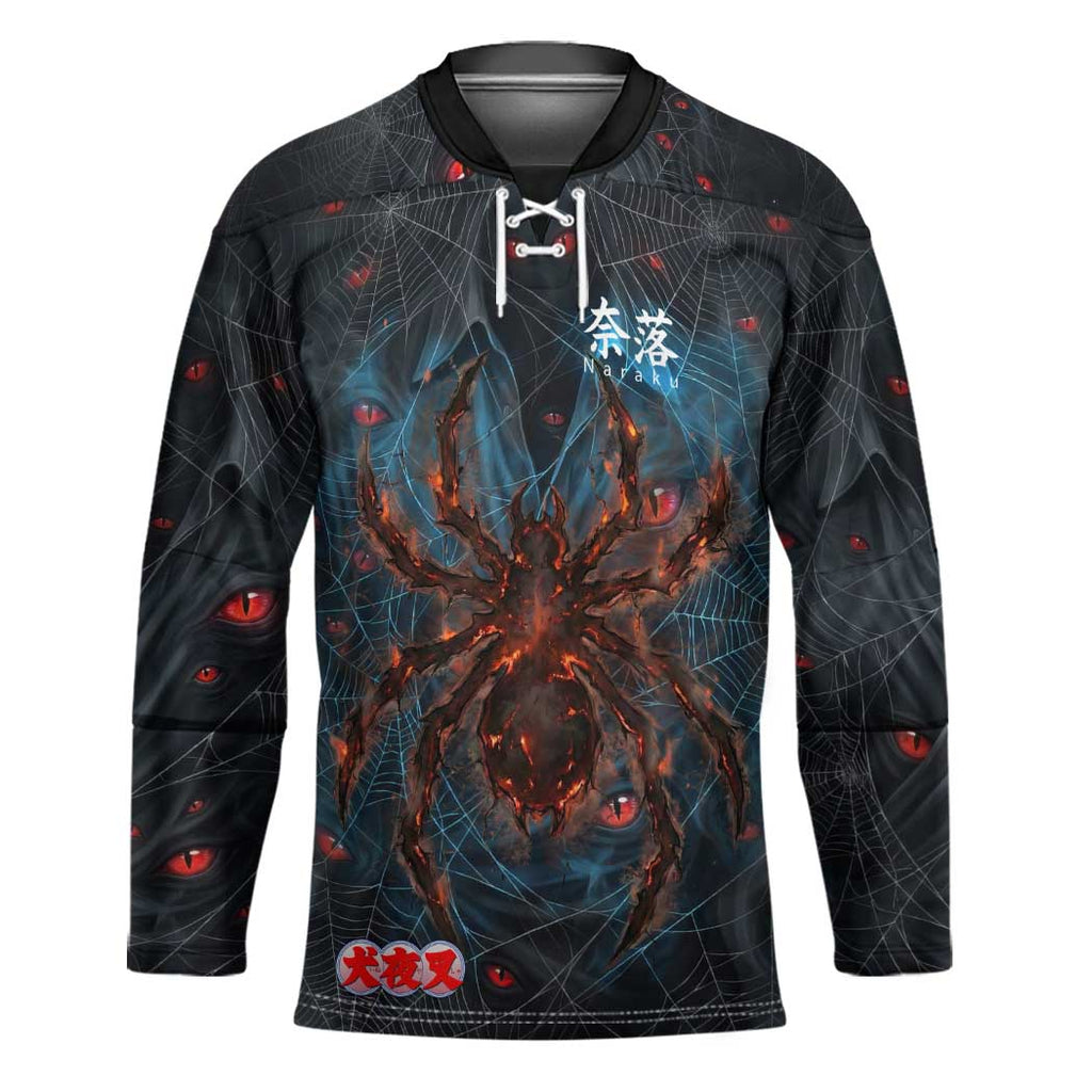 Naraku Inuyasha Series Hockey Jersey Dark Web Anime Style with Fiery Spider and Red Eyes