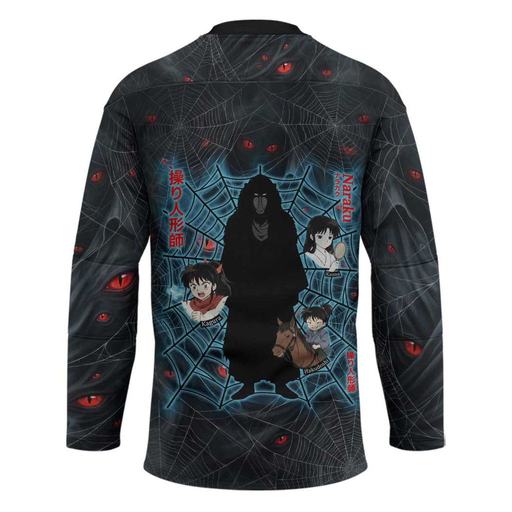 Naraku Inuyasha Series Hockey Jersey Dark Web Anime Style with Fiery Spider and Red Eyes