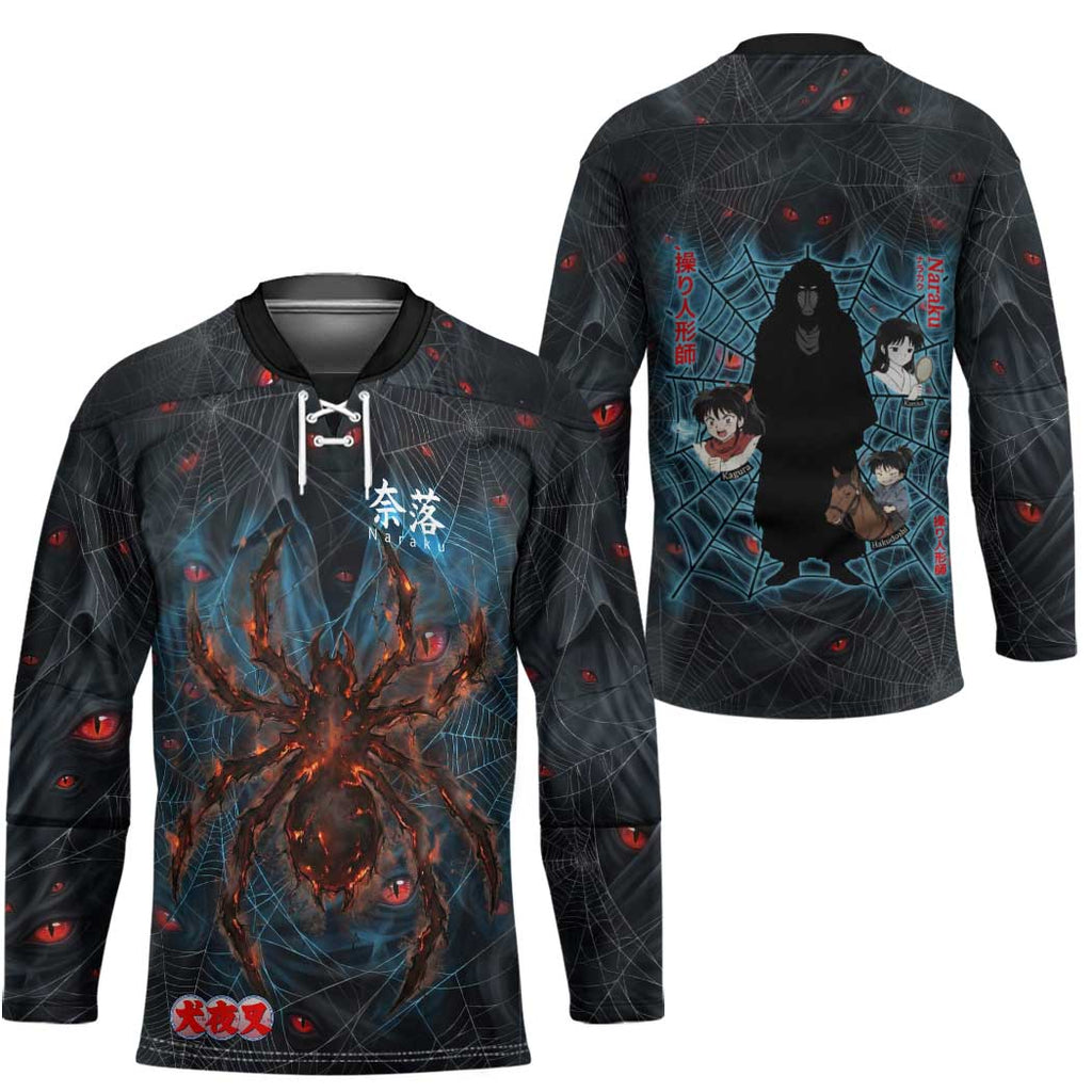 Naraku Inuyasha Series Hockey Jersey Dark Web Anime Style with Fiery Spider and Red Eyes