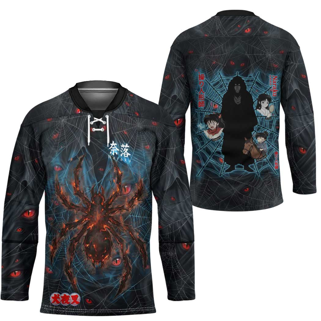 Naraku Inuyasha Series Hockey Jersey Dark Web Anime Style with Fiery Spider and Red Eyes