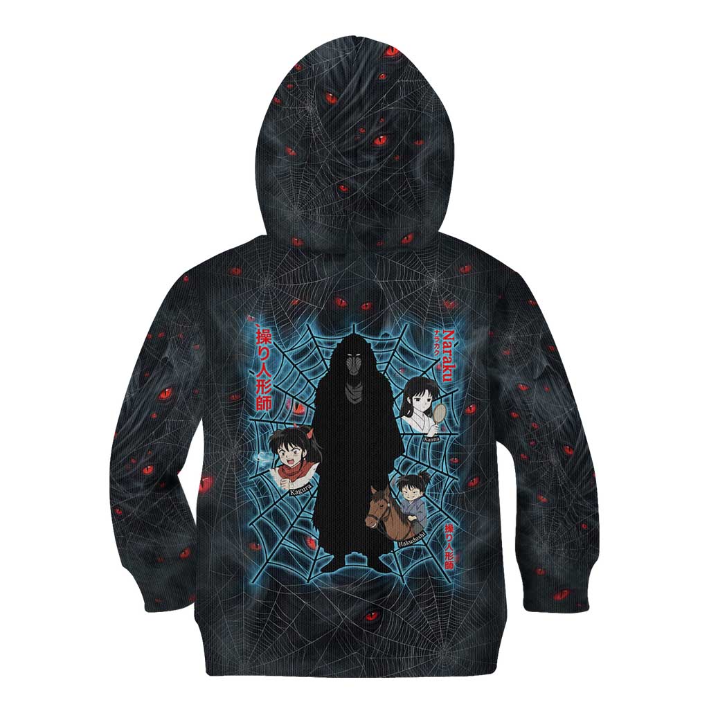 Naraku Inuyasha Series Kid Hoodie Dark Web Anime Style with Fiery Spider and Red Eyes