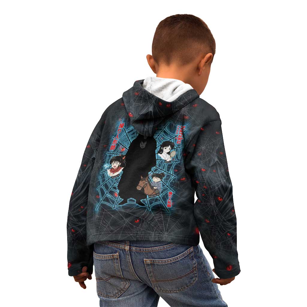 Naraku Inuyasha Series Kid Hoodie Dark Web Anime Style with Fiery Spider and Red Eyes