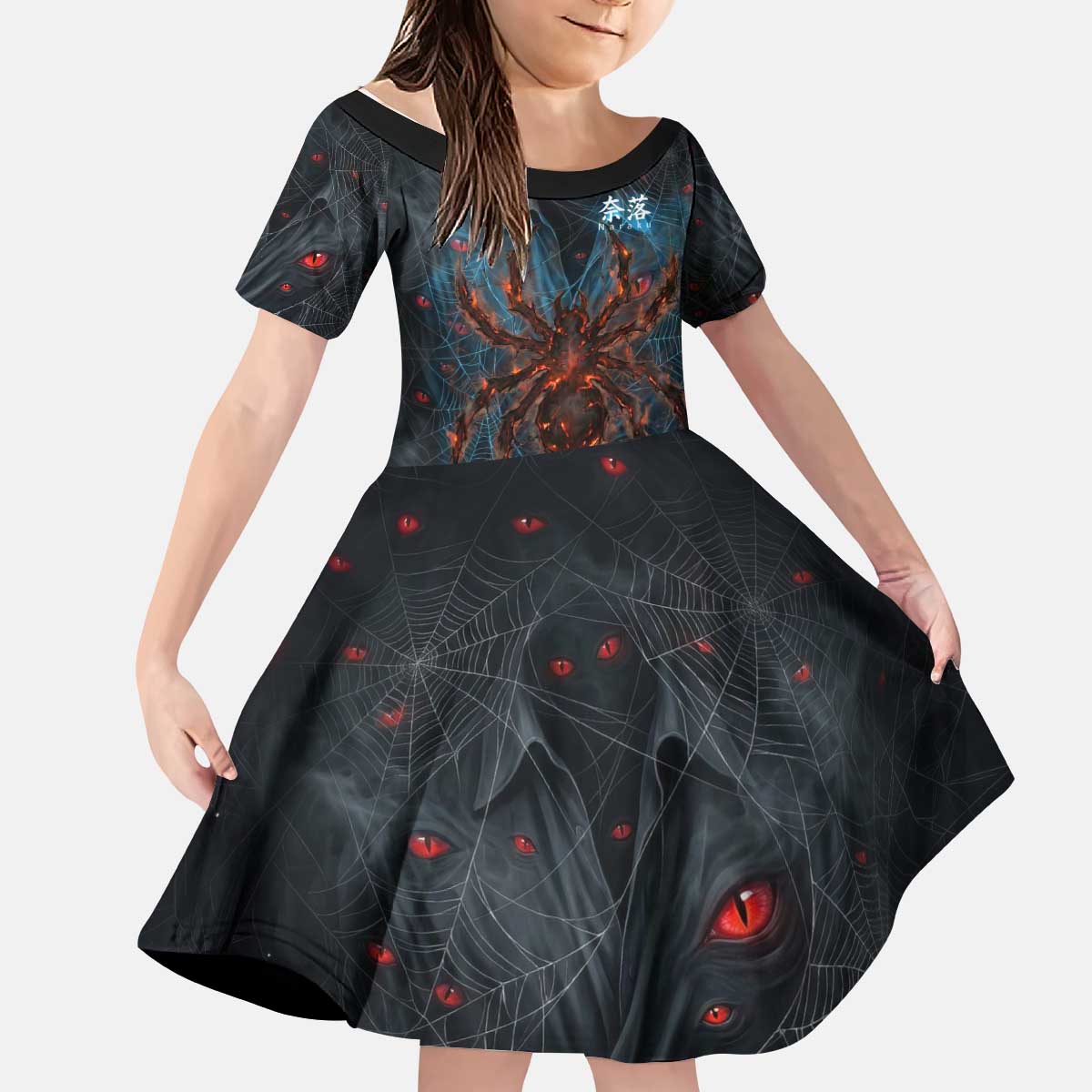 Naraku Inuyasha Series Kid Short Sleeve Dress Dark Web Anime Style with Fiery Spider and Red Eyes