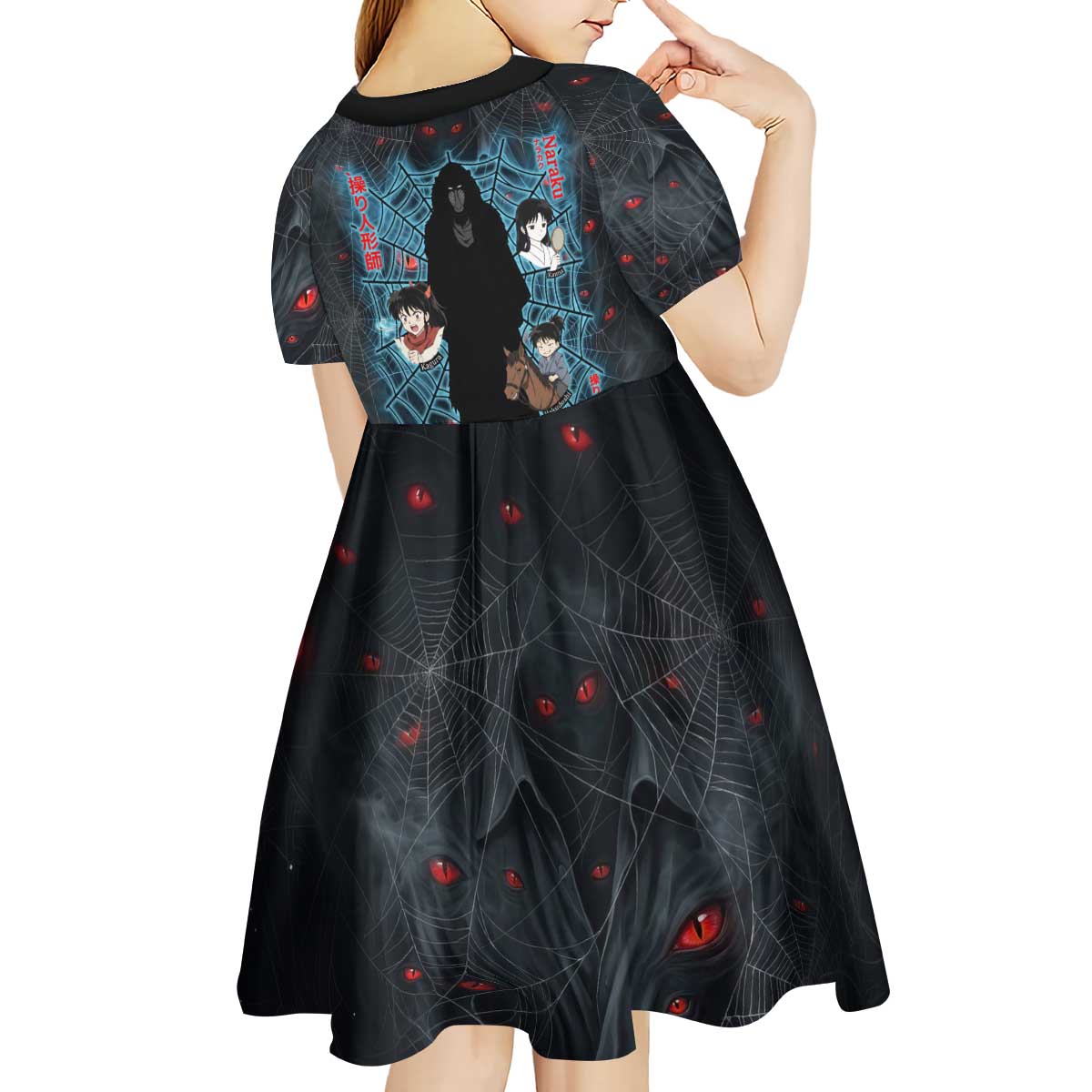 Naraku Inuyasha Series Kid Short Sleeve Dress Dark Web Anime Style with Fiery Spider and Red Eyes
