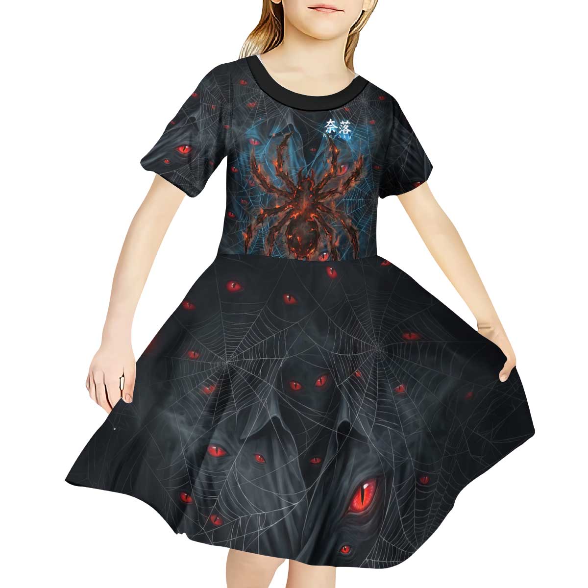 Naraku Inuyasha Series Kid Short Sleeve Dress Dark Web Anime Style with Fiery Spider and Red Eyes