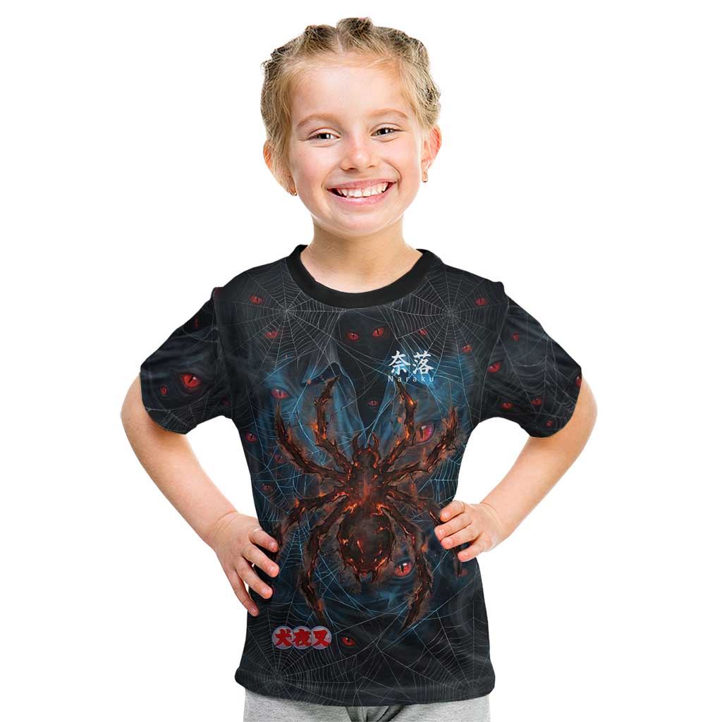 Naraku Inuyasha Series Kid T Shirt Dark Web Anime Style with Fiery Spider and Red Eyes