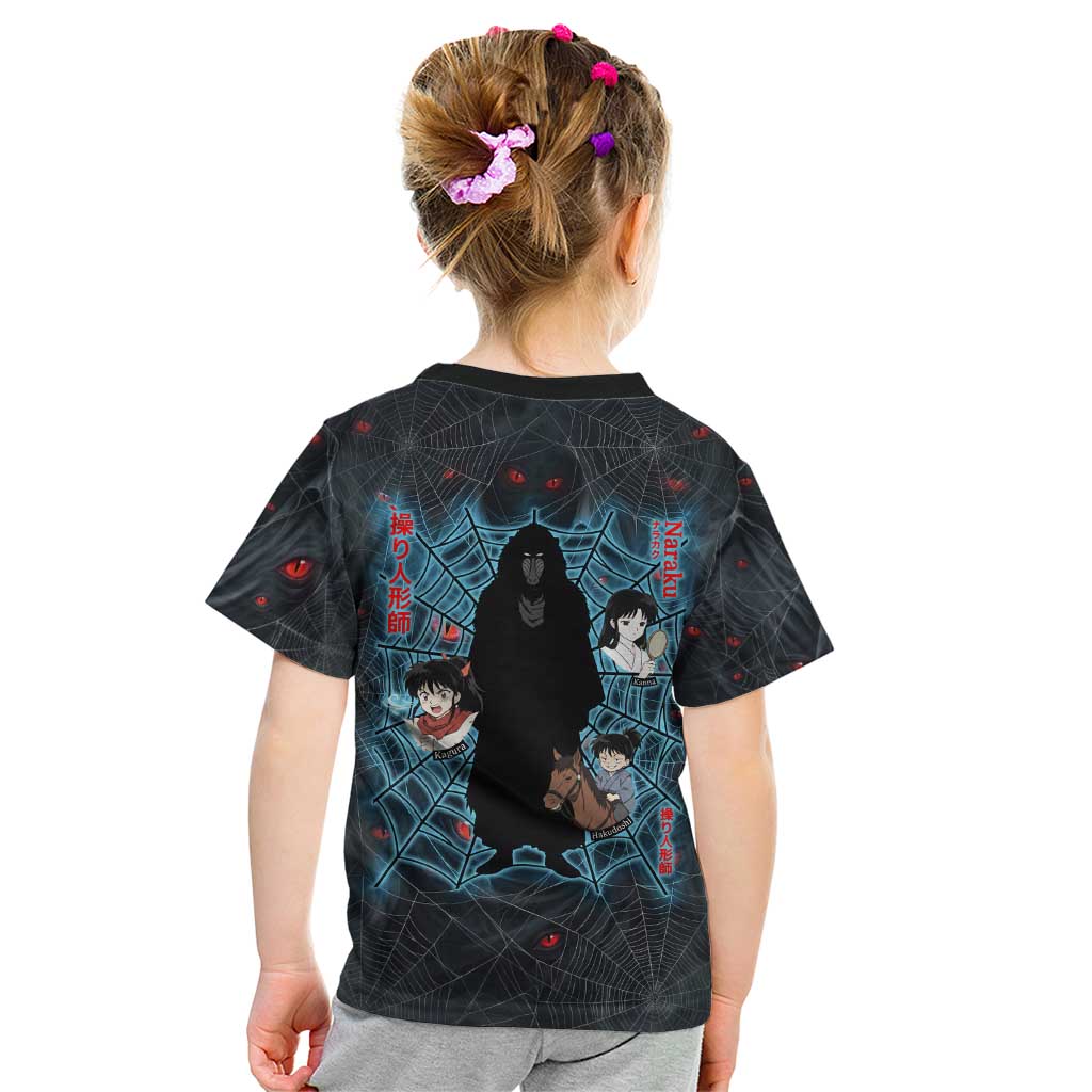 Naraku Inuyasha Series Kid T Shirt Dark Web Anime Style with Fiery Spider and Red Eyes