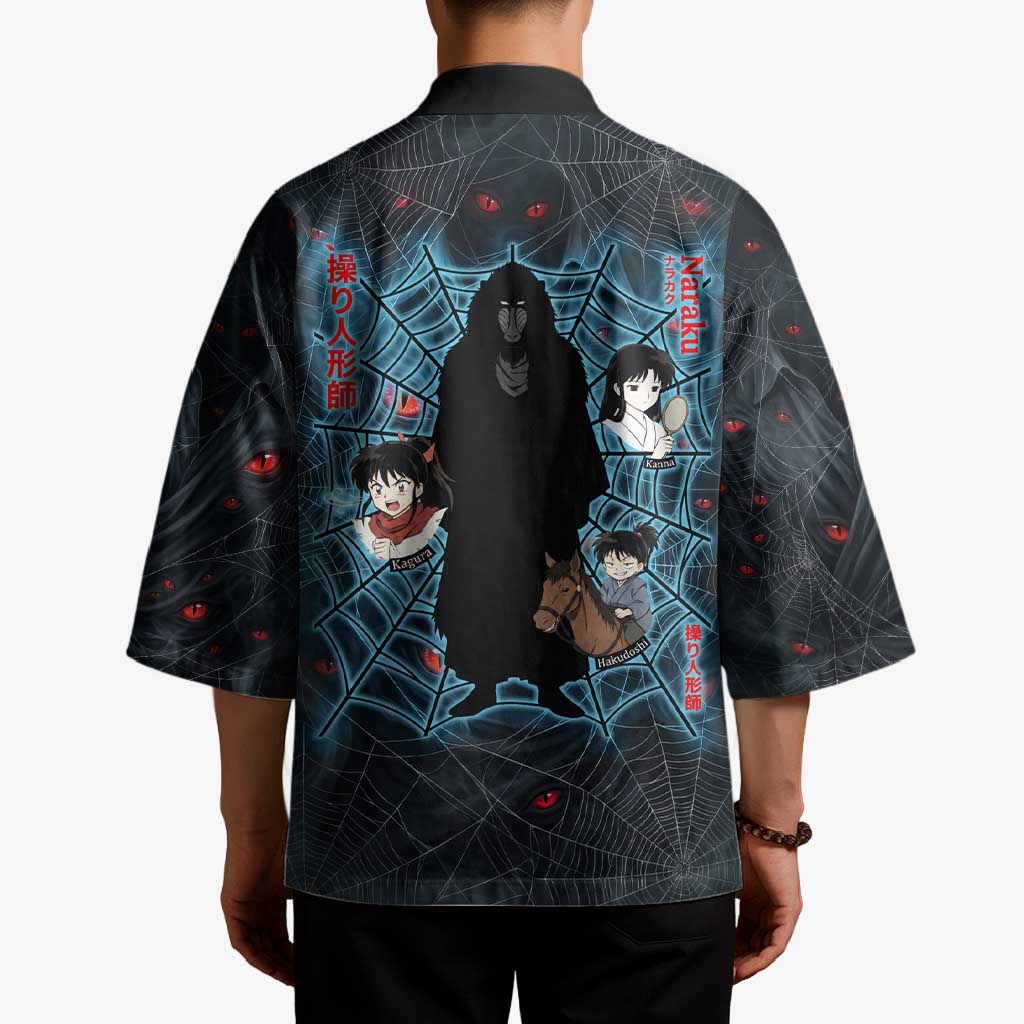 Naraku Inuyasha Series Kimono Dark Web Anime Style with Fiery Spider and Red Eyes