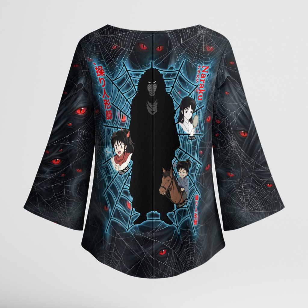 Naraku Inuyasha Series Kimono Sleeve Blouse Dark Web Anime Style with Fiery Spider and Red Eyes