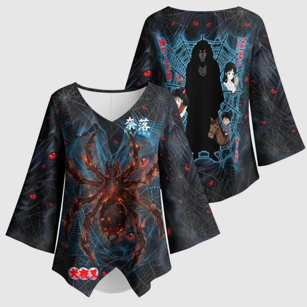 Naraku Inuyasha Series Kimono Sleeve Blouse Dark Web Anime Style with Fiery Spider and Red Eyes