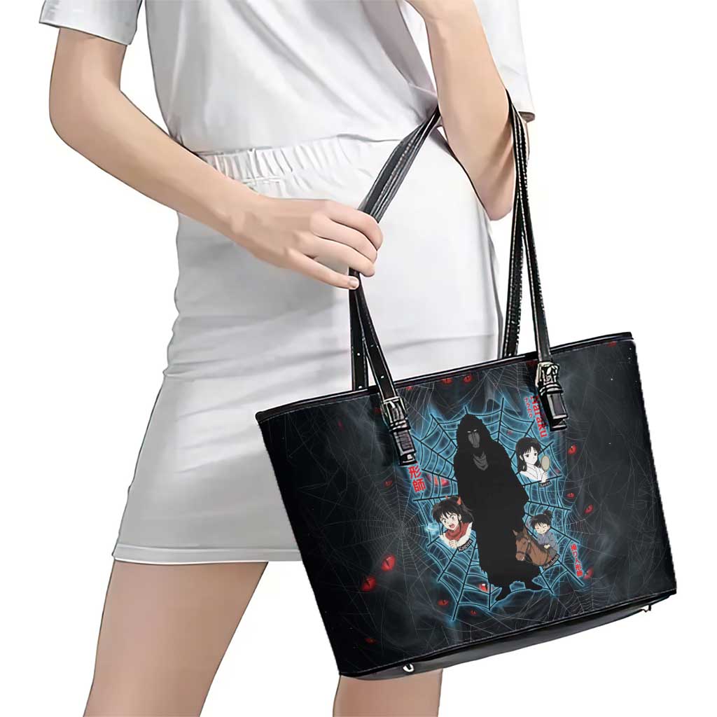 Naraku Inuyasha Series Leather Tote Bag Dark Web Anime Style with Fiery Spider and Red Eyes