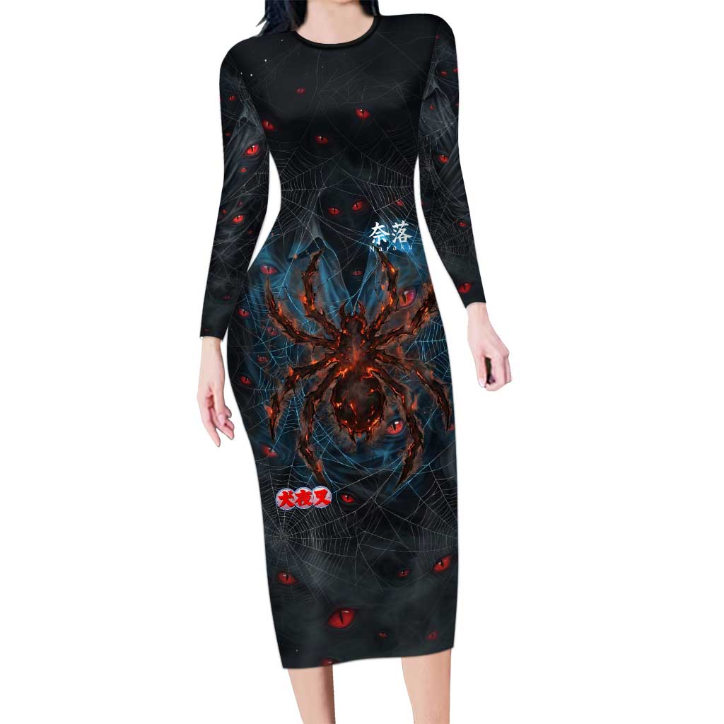 Naraku Inuyasha Series Long Sleeve Bodycon Dress Dark Web Anime Style with Fiery Spider and Red Eyes