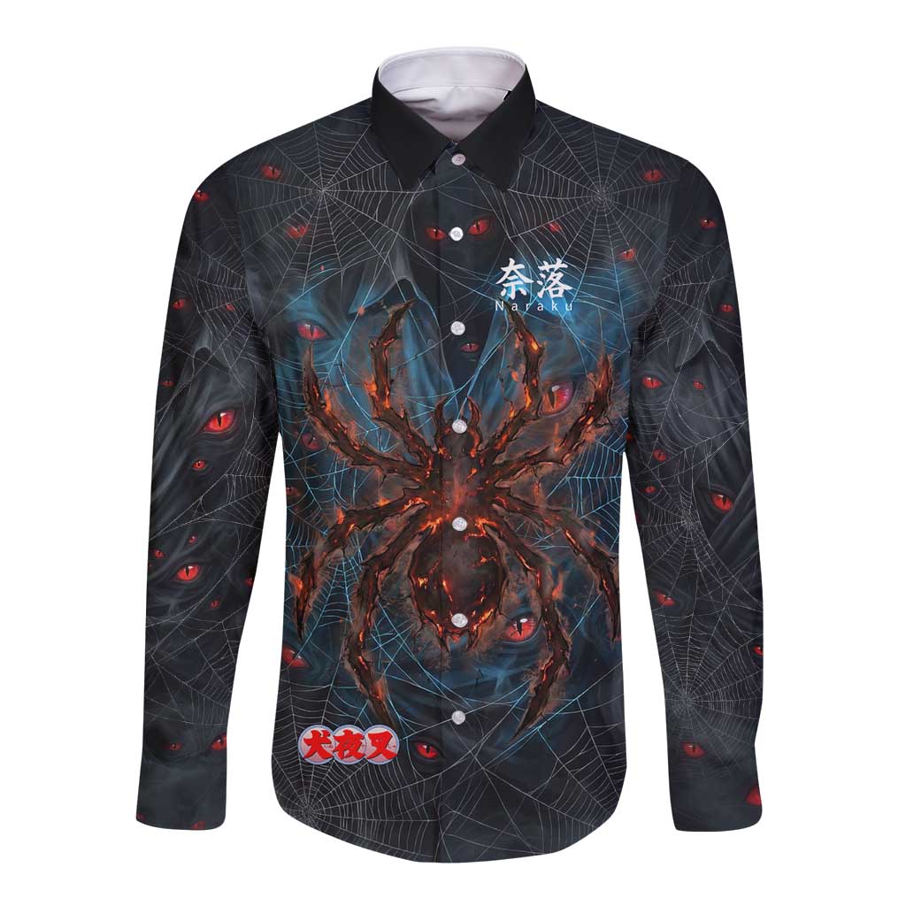 Naraku Inuyasha Series Long Sleeve Button Shirt Dark Web Anime Style with Fiery Spider and Red Eyes