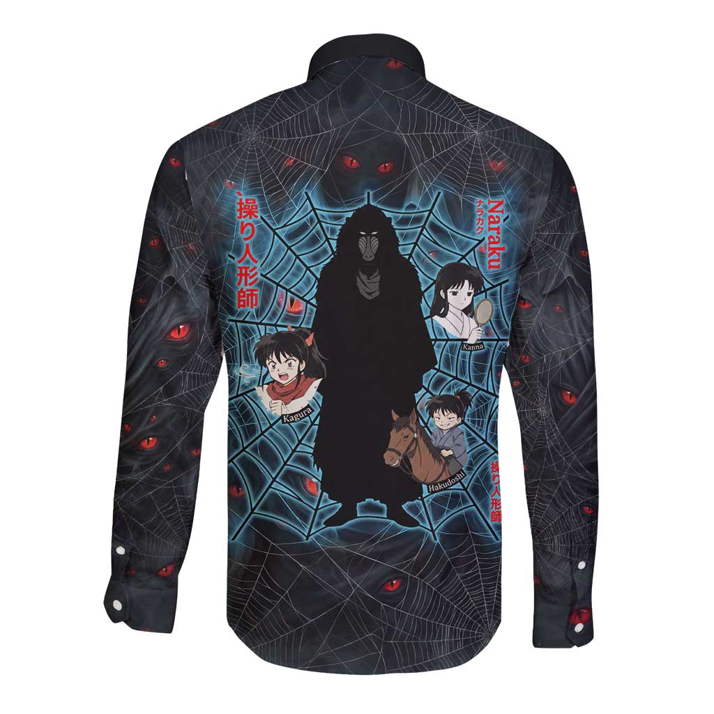 Naraku Inuyasha Series Long Sleeve Button Shirt Dark Web Anime Style with Fiery Spider and Red Eyes