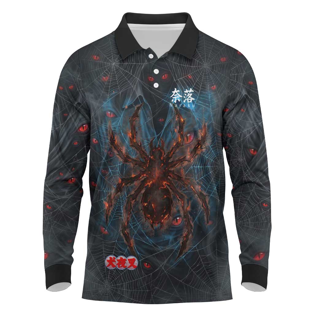 Naraku Inuyasha Series Long Sleeve Polo Shirt Dark Web Anime Style with Fiery Spider and Red Eyes