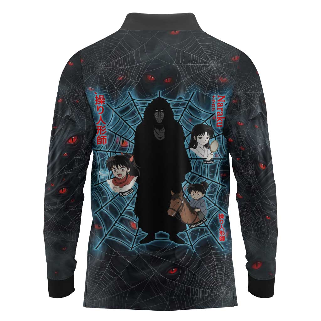 Naraku Inuyasha Series Long Sleeve Polo Shirt Dark Web Anime Style with Fiery Spider and Red Eyes