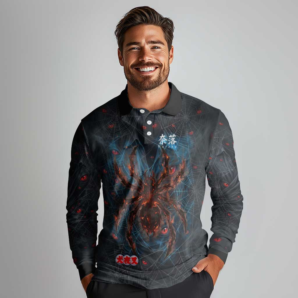 Naraku Inuyasha Series Long Sleeve Polo Shirt Dark Web Anime Style with Fiery Spider and Red Eyes