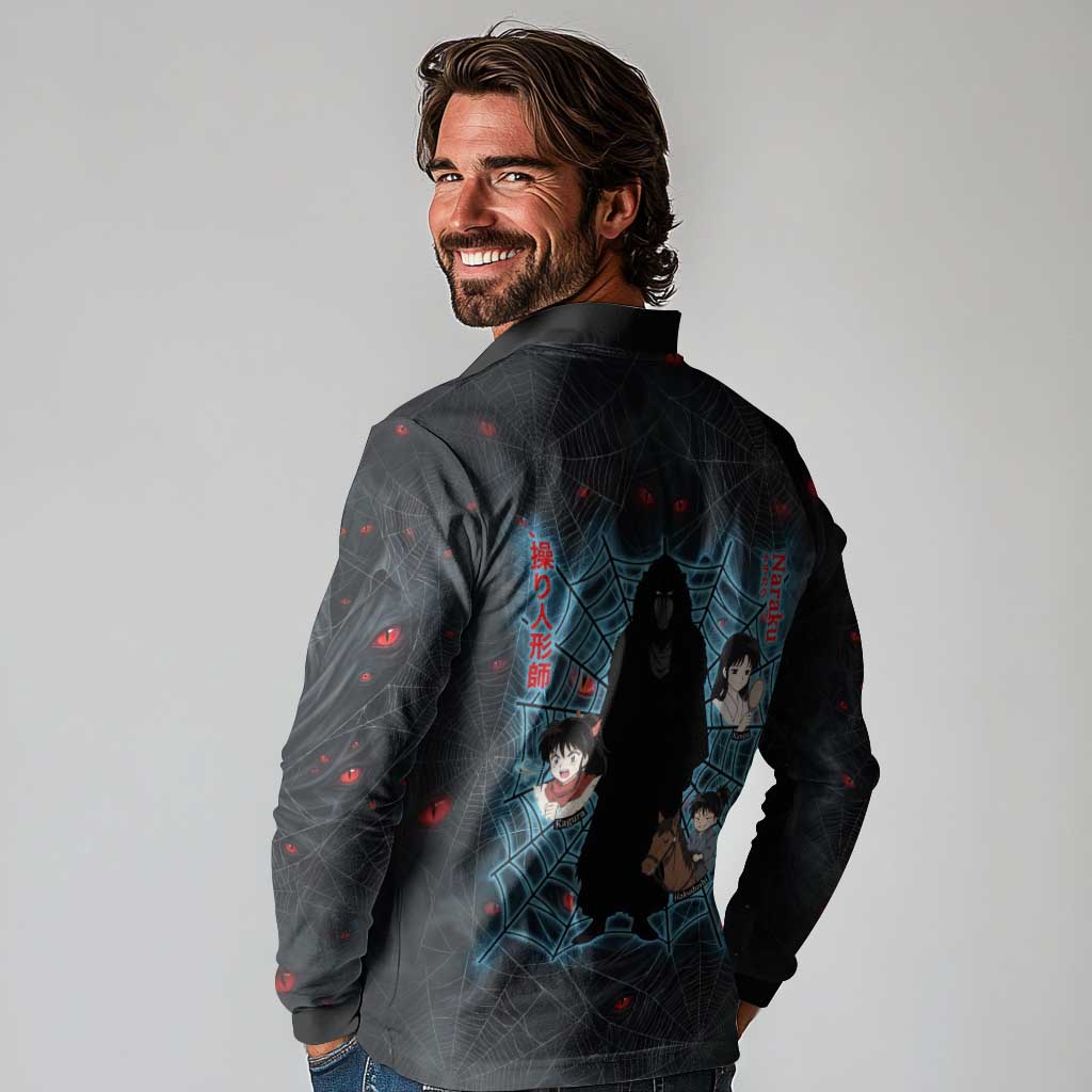 Naraku Inuyasha Series Long Sleeve Polo Shirt Dark Web Anime Style with Fiery Spider and Red Eyes