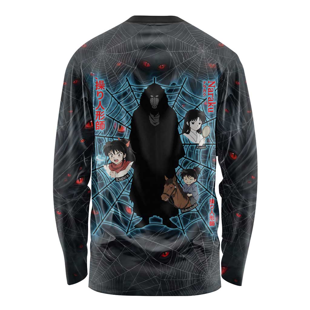 Naraku Inuyasha Series Long Sleeve Shirt Dark Web Anime Style with Fiery Spider and Red Eyes
