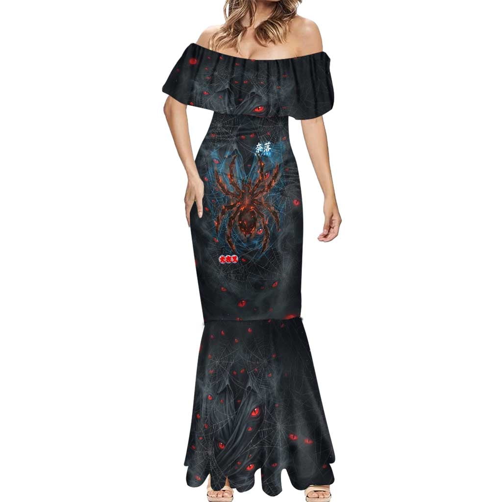 Naraku Inuyasha Series Mermaid Dress Dark Web Anime Style with Fiery Spider and Red Eyes