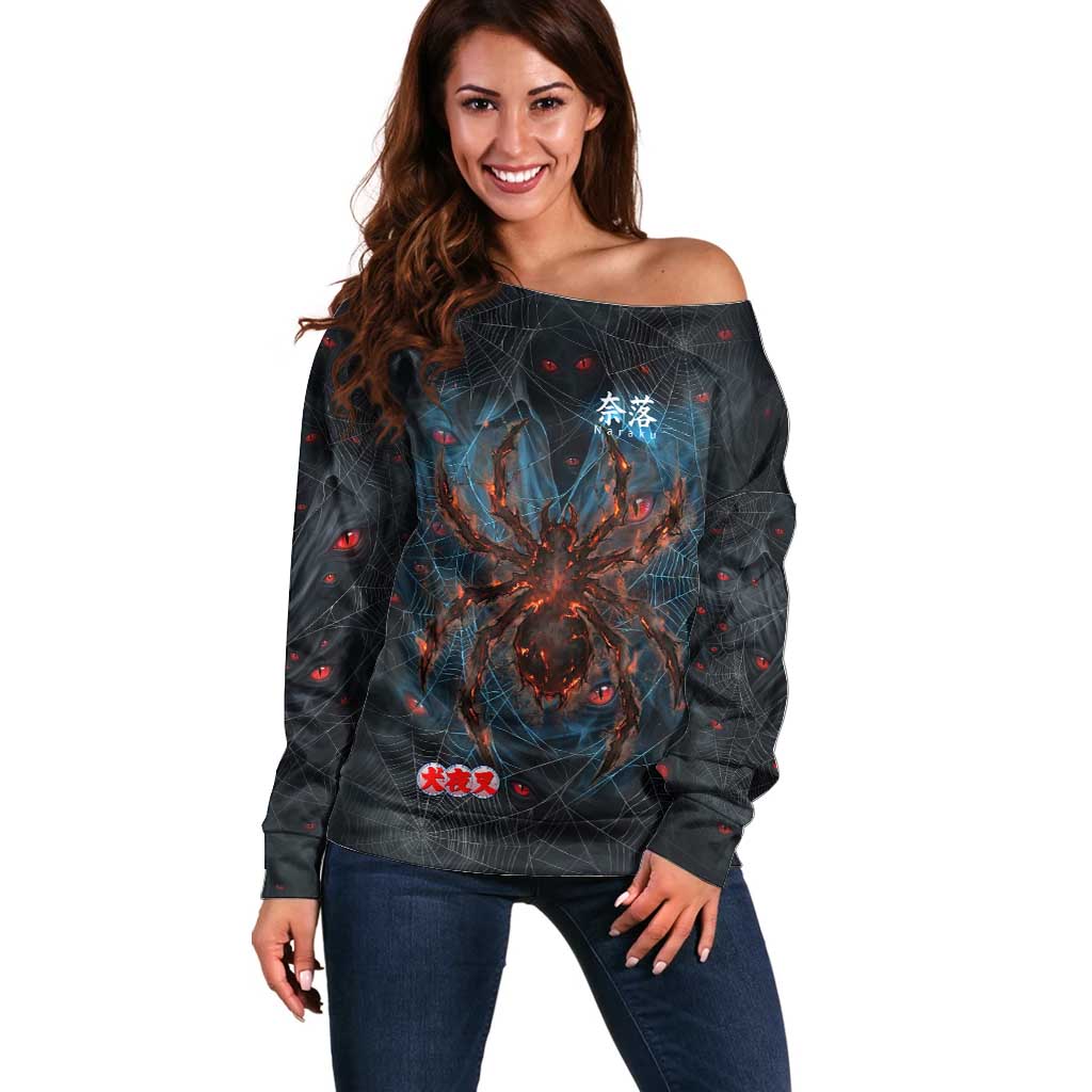 Naraku Inuyasha Series Off Shoulder Sweater Dark Web Anime Style with Fiery Spider and Red Eyes