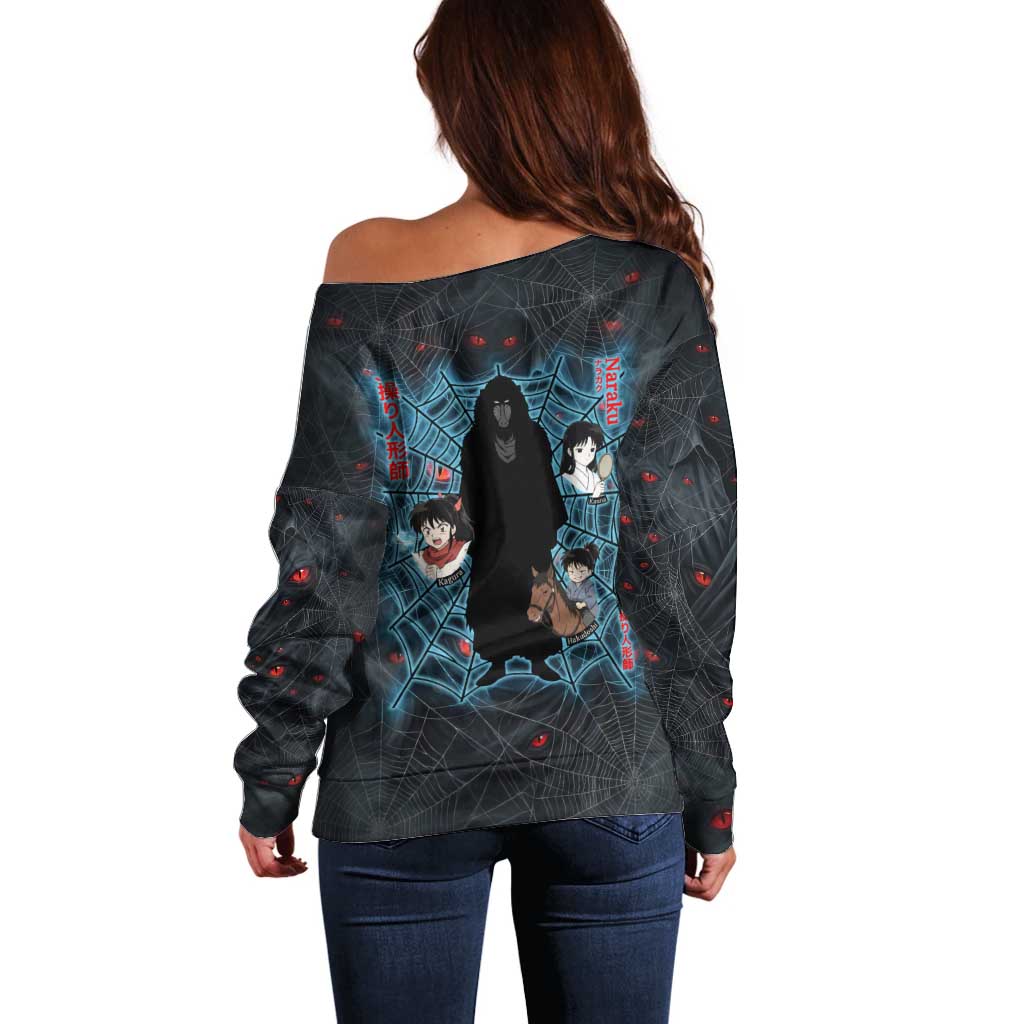 Naraku Inuyasha Series Off Shoulder Sweater Dark Web Anime Style with Fiery Spider and Red Eyes