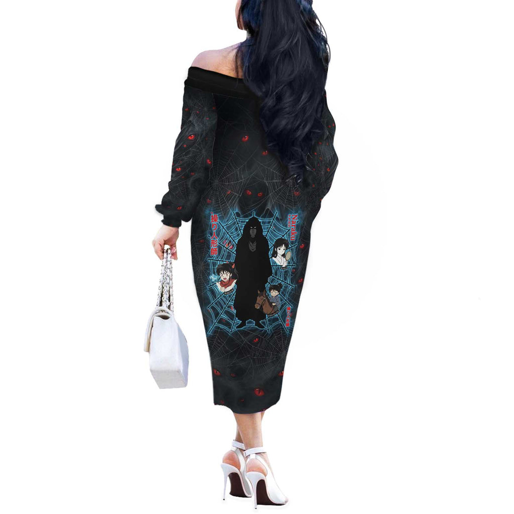 Naraku Inuyasha Series Off The Shoulder Long Sleeve Dress Dark Web Anime Style with Fiery Spider and Red Eyes