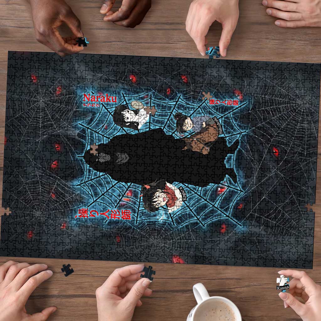 Naraku Inuyasha Series Puzzle Dark Web Anime Style with Fiery Spider and Red Eyes