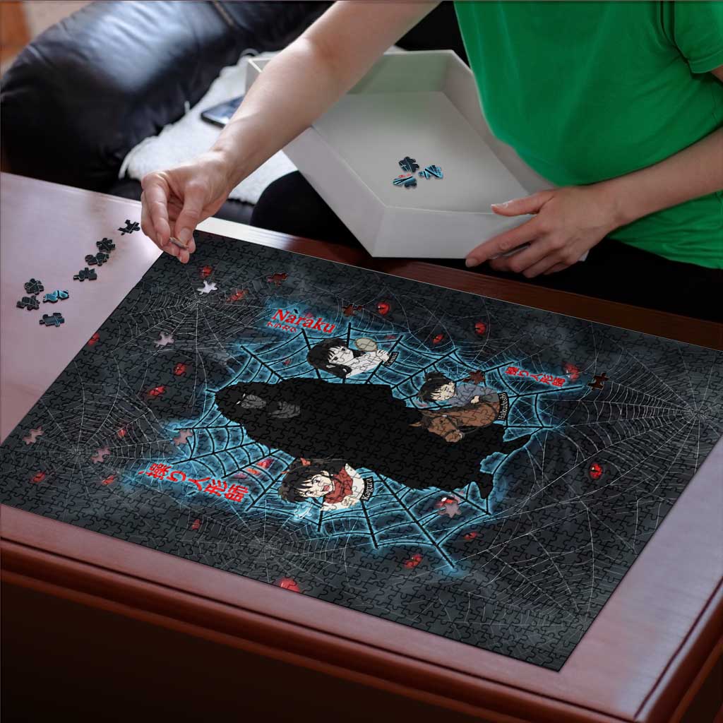 Naraku Inuyasha Series Puzzle Dark Web Anime Style with Fiery Spider and Red Eyes