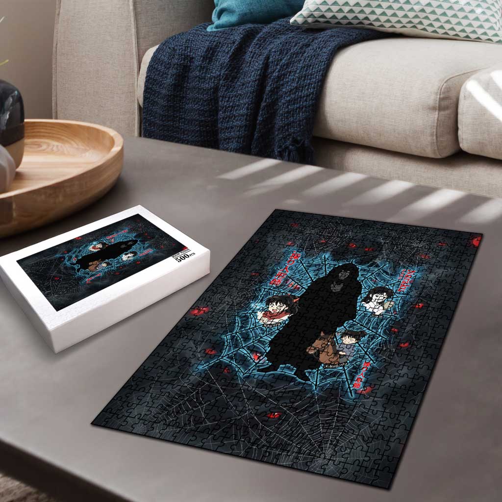 Naraku Inuyasha Series Puzzle Dark Web Anime Style with Fiery Spider and Red Eyes