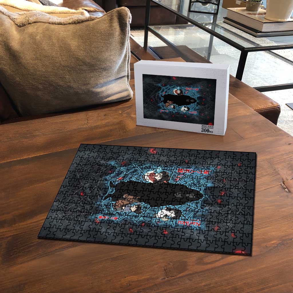 Naraku Inuyasha Series Puzzle Dark Web Anime Style with Fiery Spider and Red Eyes
