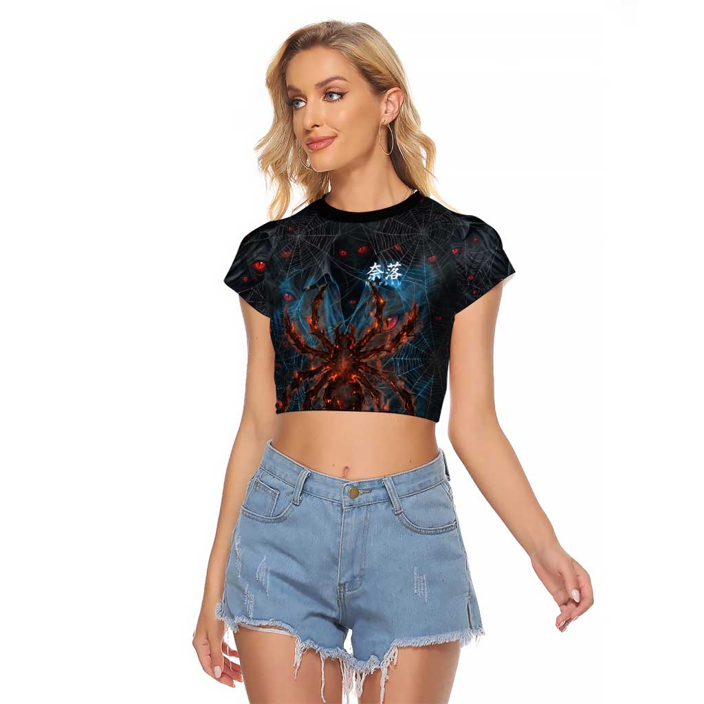 Naraku Inuyasha Series Raglan Cropped T Shirt Dark Web Anime Style with Fiery Spider and Red Eyes