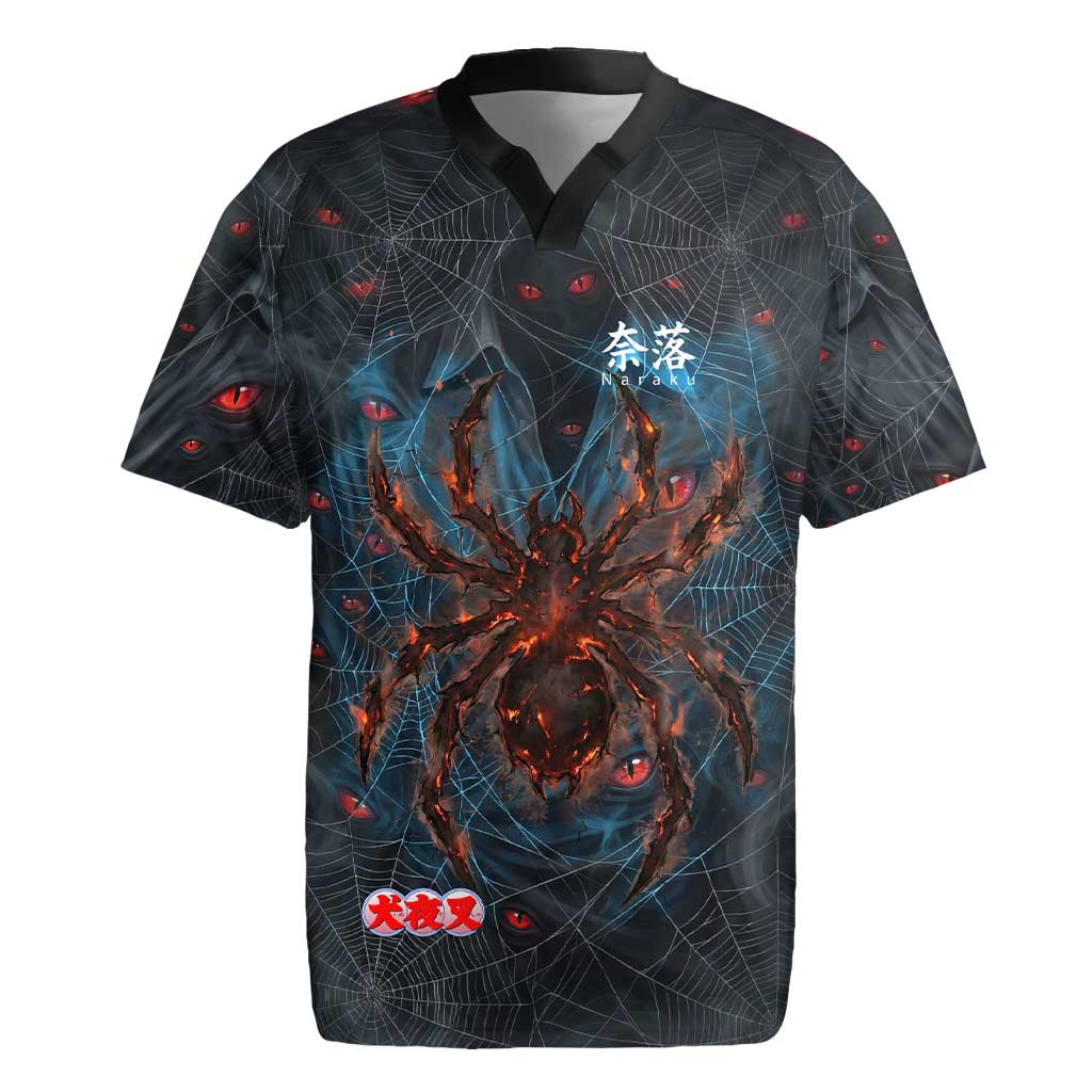 Naraku Inuyasha Series Rugby Jersey Dark Web Anime Style with Fiery Spider and Red Eyes