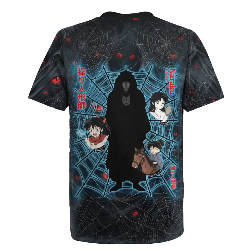 Naraku Inuyasha Series Rugby Jersey Dark Web Anime Style with Fiery Spider and Red Eyes