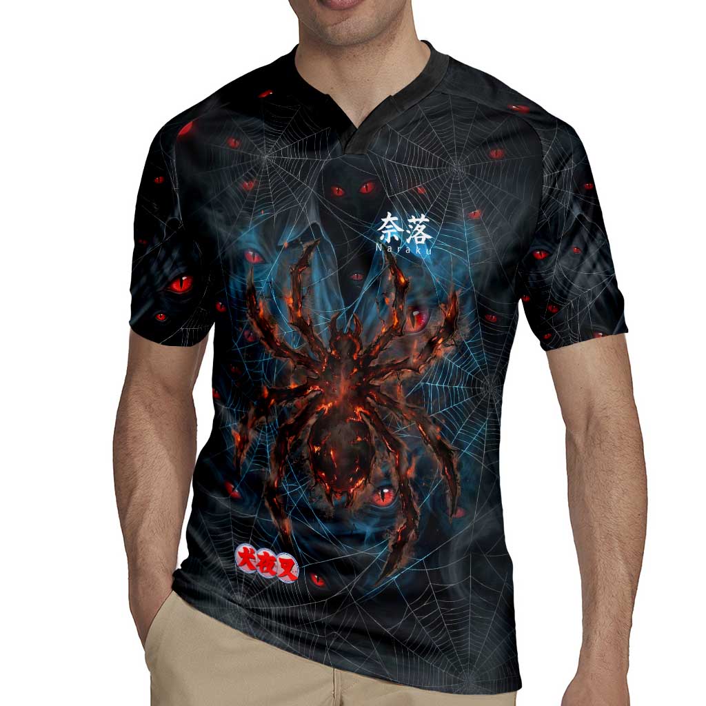 Naraku Inuyasha Series Rugby Jersey Dark Web Anime Style with Fiery Spider and Red Eyes