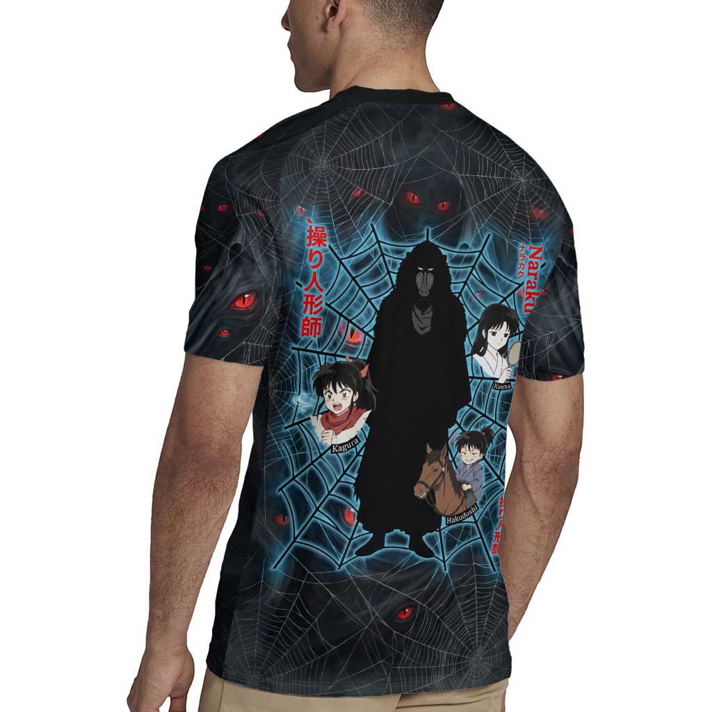 Naraku Inuyasha Series Rugby Jersey Dark Web Anime Style with Fiery Spider and Red Eyes