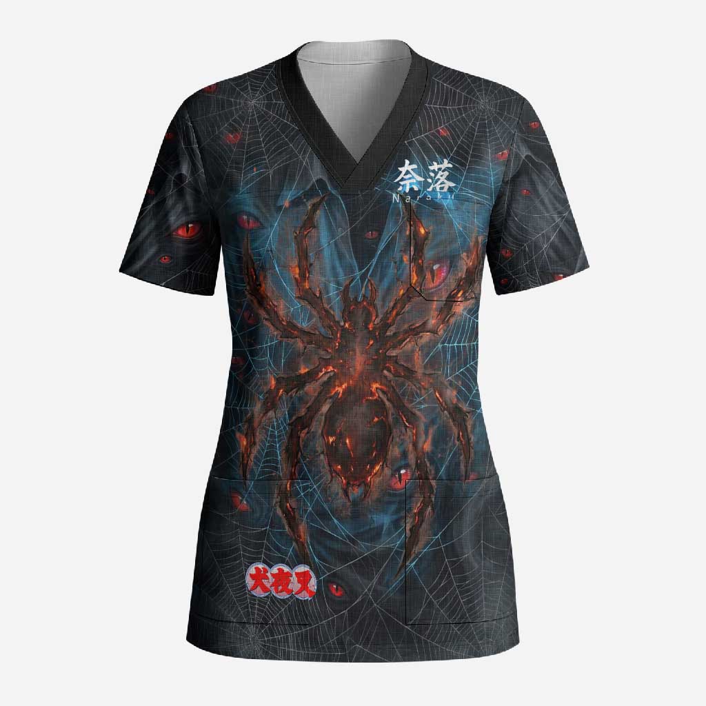 Naraku Inuyasha Series Scrub Top Dark Web Anime Style with Fiery Spider and Red Eyes