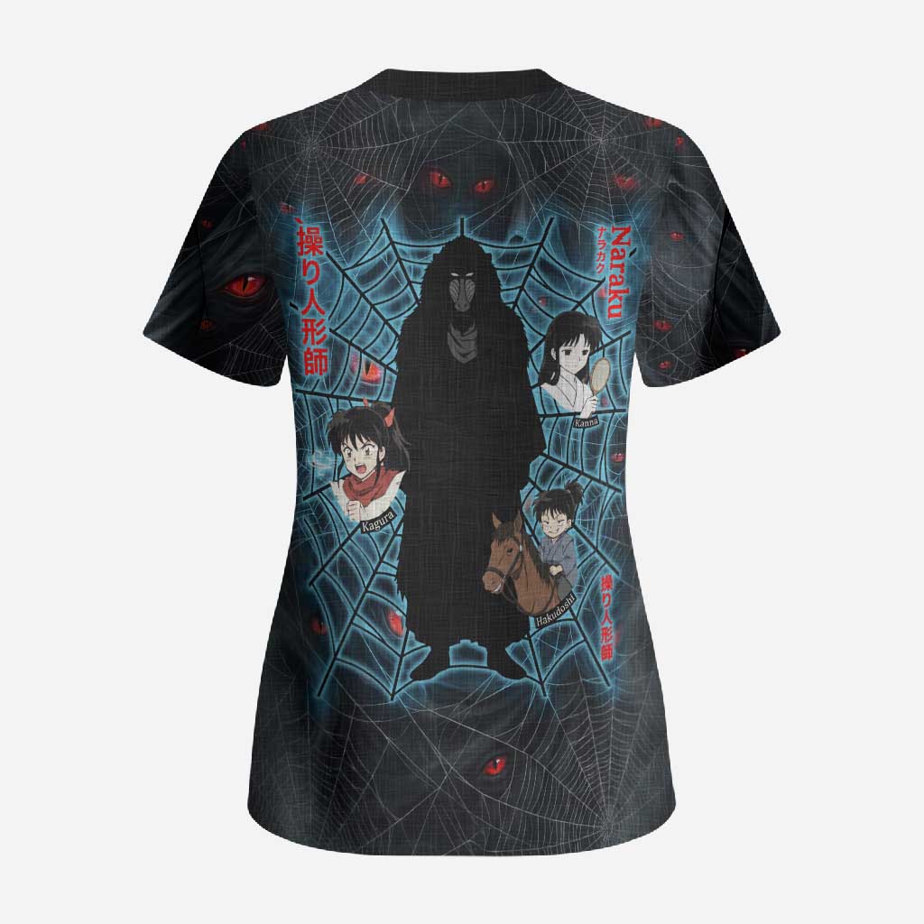 Naraku Inuyasha Series Scrub Top Dark Web Anime Style with Fiery Spider and Red Eyes