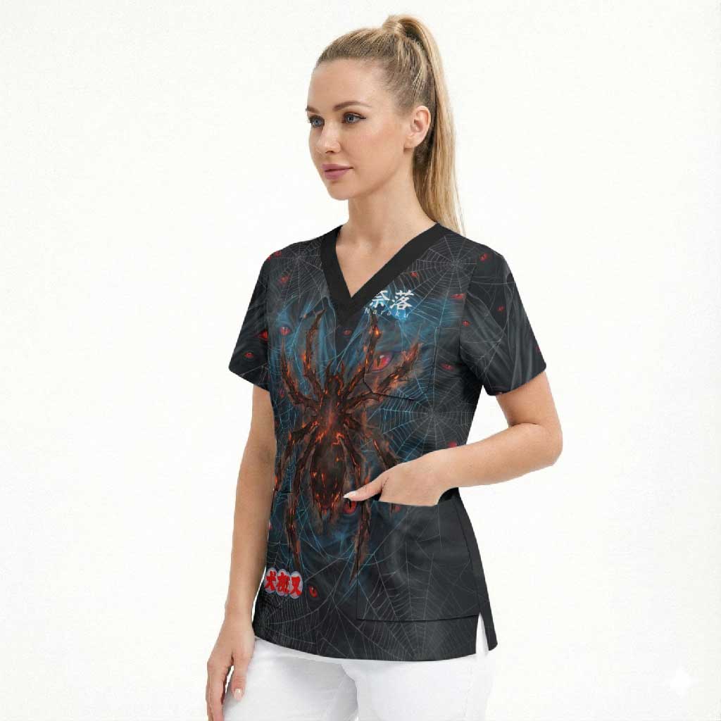 Naraku Inuyasha Series Scrub Top Dark Web Anime Style with Fiery Spider and Red Eyes