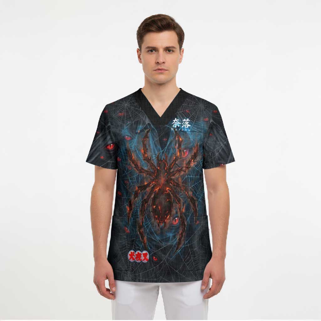 Naraku Inuyasha Series Scrub Top Dark Web Anime Style with Fiery Spider and Red Eyes