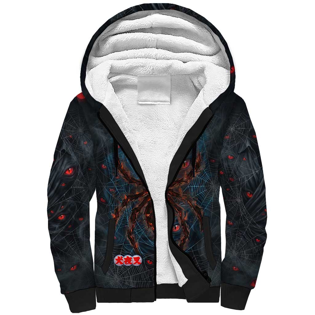 Naraku Inuyasha Series Sherpa Hoodie Dark Web Anime Style with Fiery Spider and Red Eyes