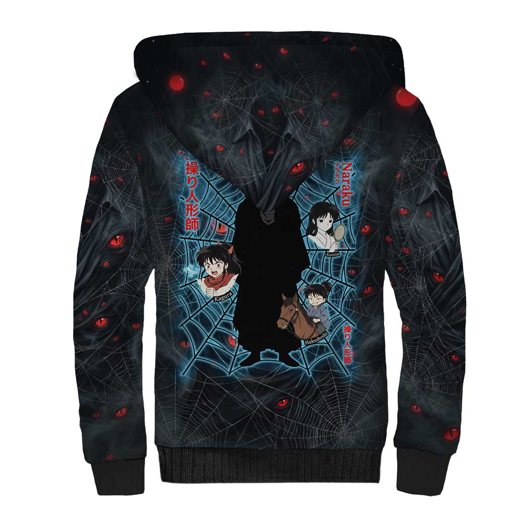 Naraku Inuyasha Series Sherpa Hoodie Dark Web Anime Style with Fiery Spider and Red Eyes