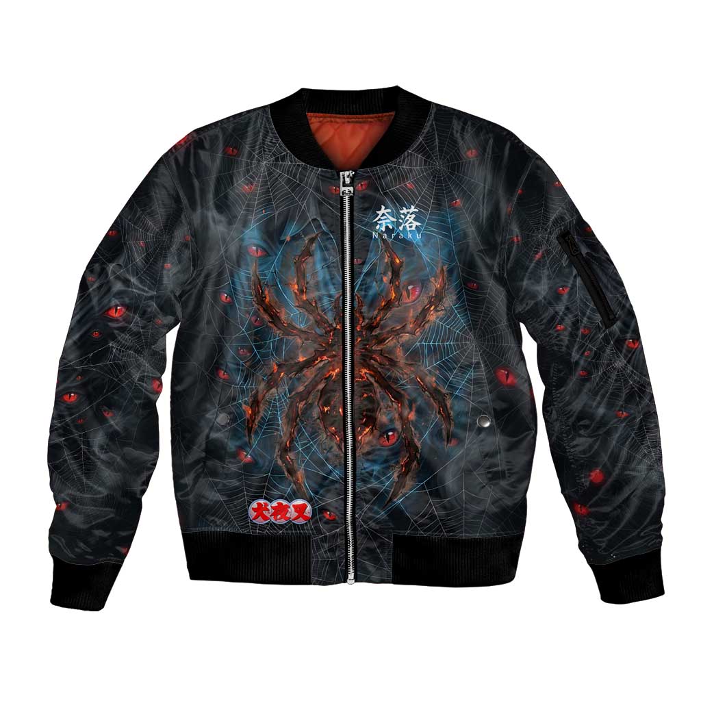 Naraku Inuyasha Series Sleeve Zip Bomber Jacket Dark Web Anime Style with Fiery Spider and Red Eyes