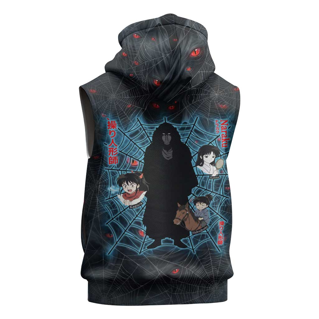 Naraku Inuyasha Series Sleeveless Hoodie Dark Web Anime Style with Fiery Spider and Red Eyes