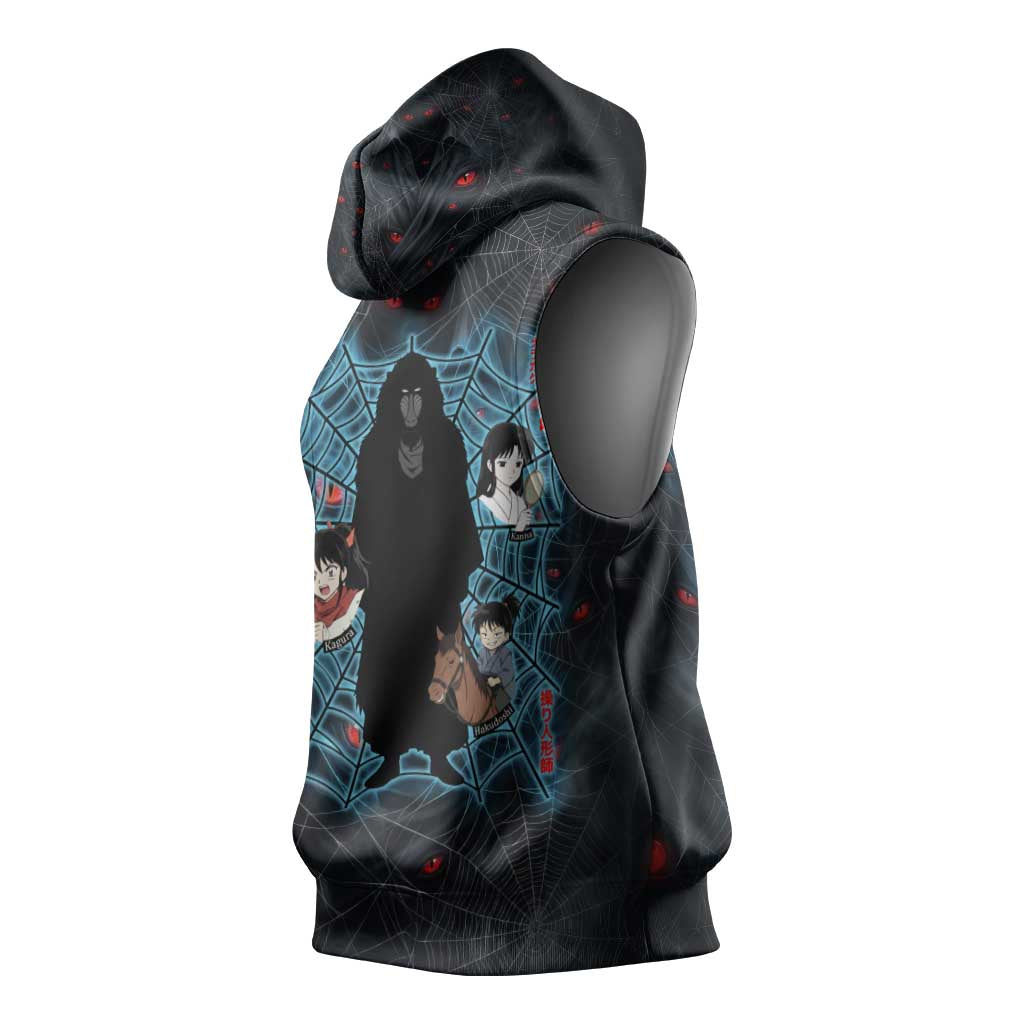 Naraku Inuyasha Series Sleeveless Hoodie Dark Web Anime Style with Fiery Spider and Red Eyes