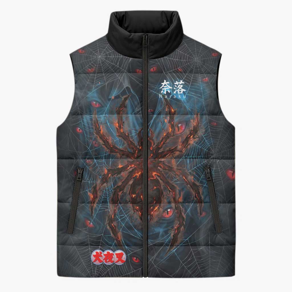 Naraku Inuyasha Series Sleeveless Puffer Jacket Dark Web Anime Style with Fiery Spider and Red Eyes