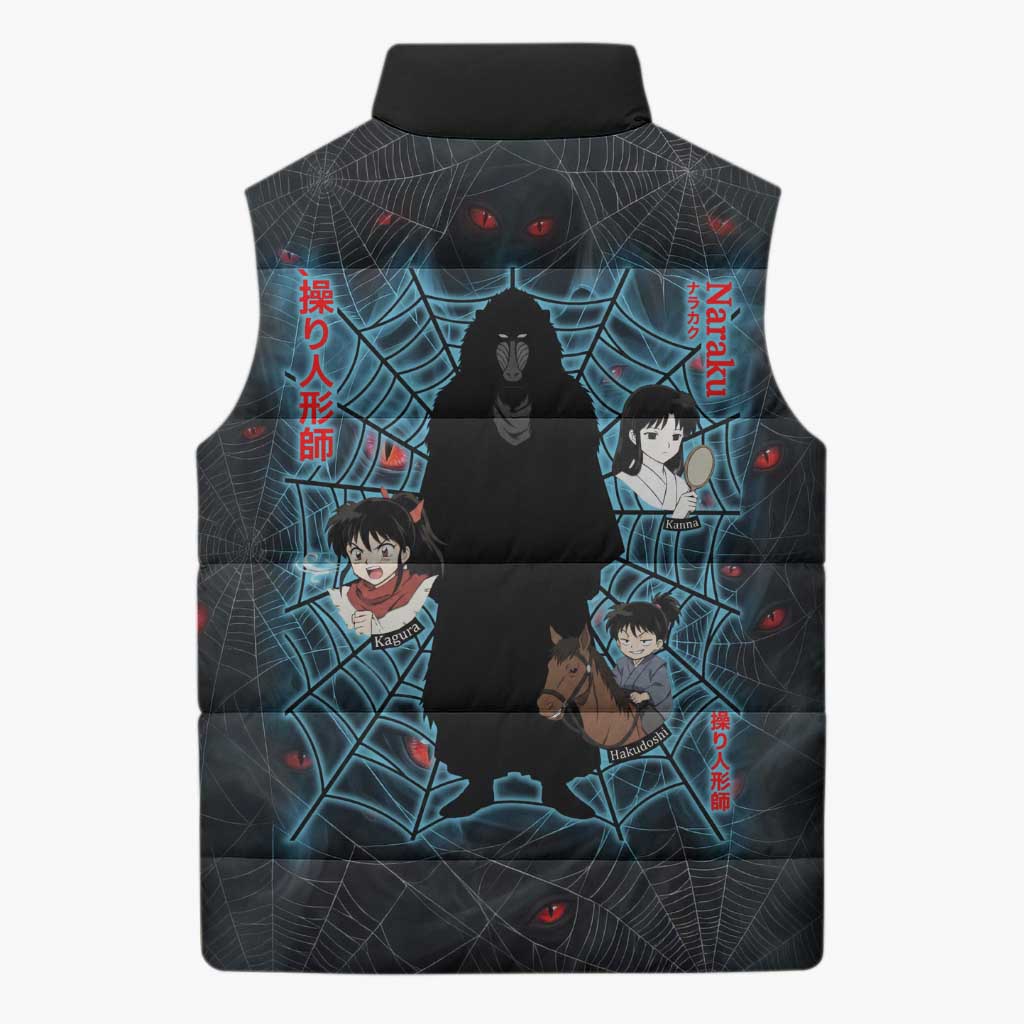 Naraku Inuyasha Series Sleeveless Puffer Jacket Dark Web Anime Style with Fiery Spider and Red Eyes