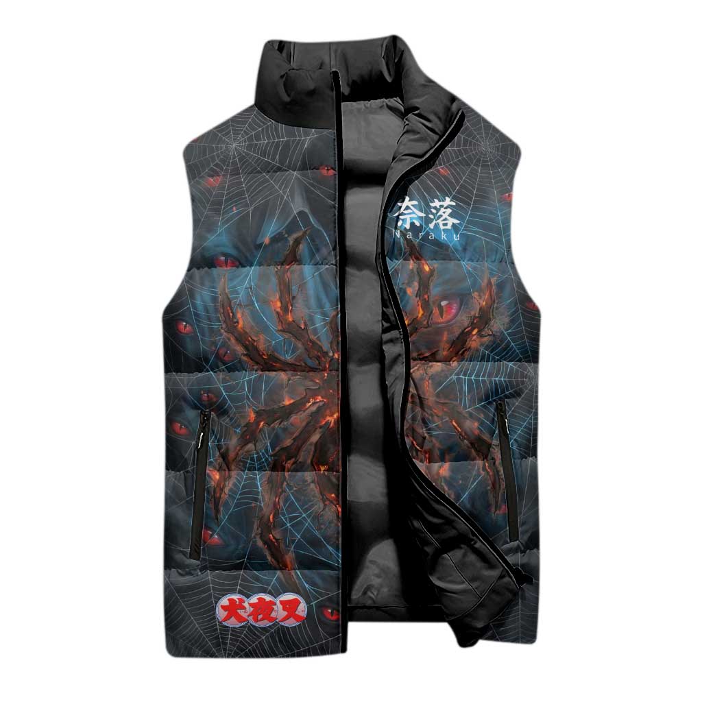 Naraku Inuyasha Series Sleeveless Puffer Jacket Dark Web Anime Style with Fiery Spider and Red Eyes