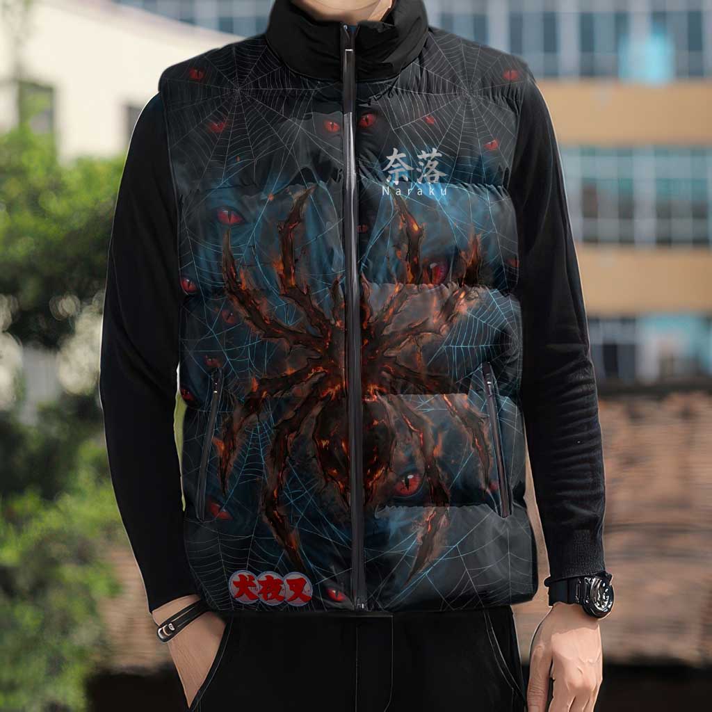 Naraku Inuyasha Series Sleeveless Puffer Jacket Dark Web Anime Style with Fiery Spider and Red Eyes