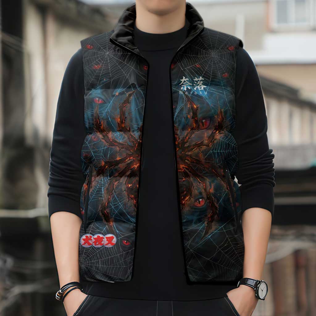 Naraku Inuyasha Series Sleeveless Puffer Jacket Dark Web Anime Style with Fiery Spider and Red Eyes